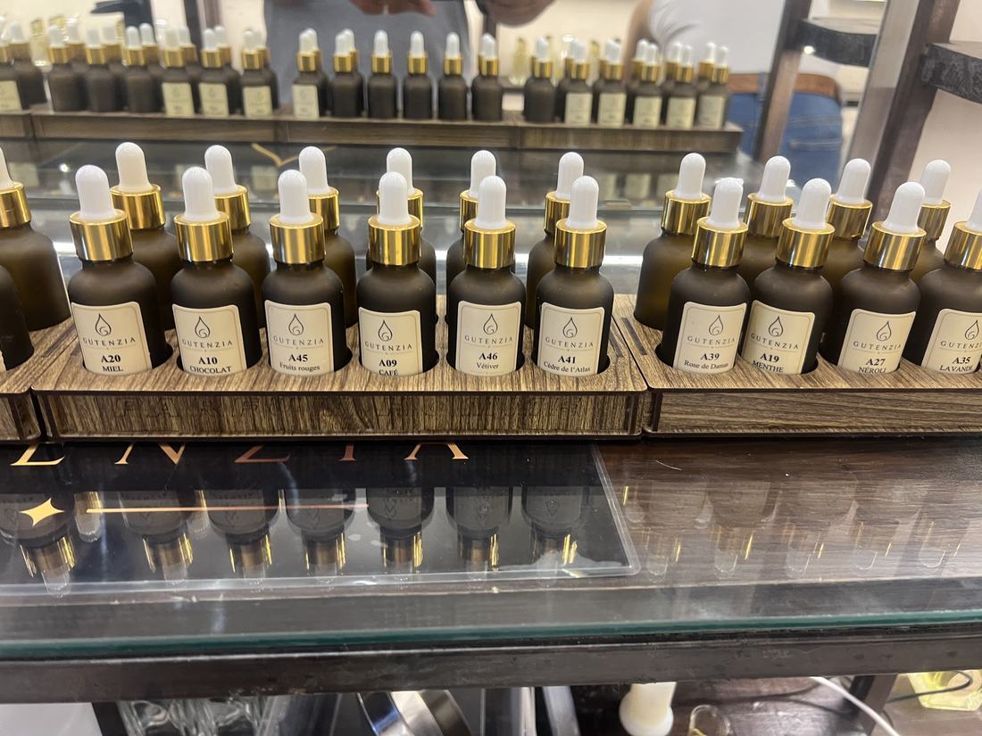 Perfume essences in dropper bottles, perfume making workshop in Marrakech